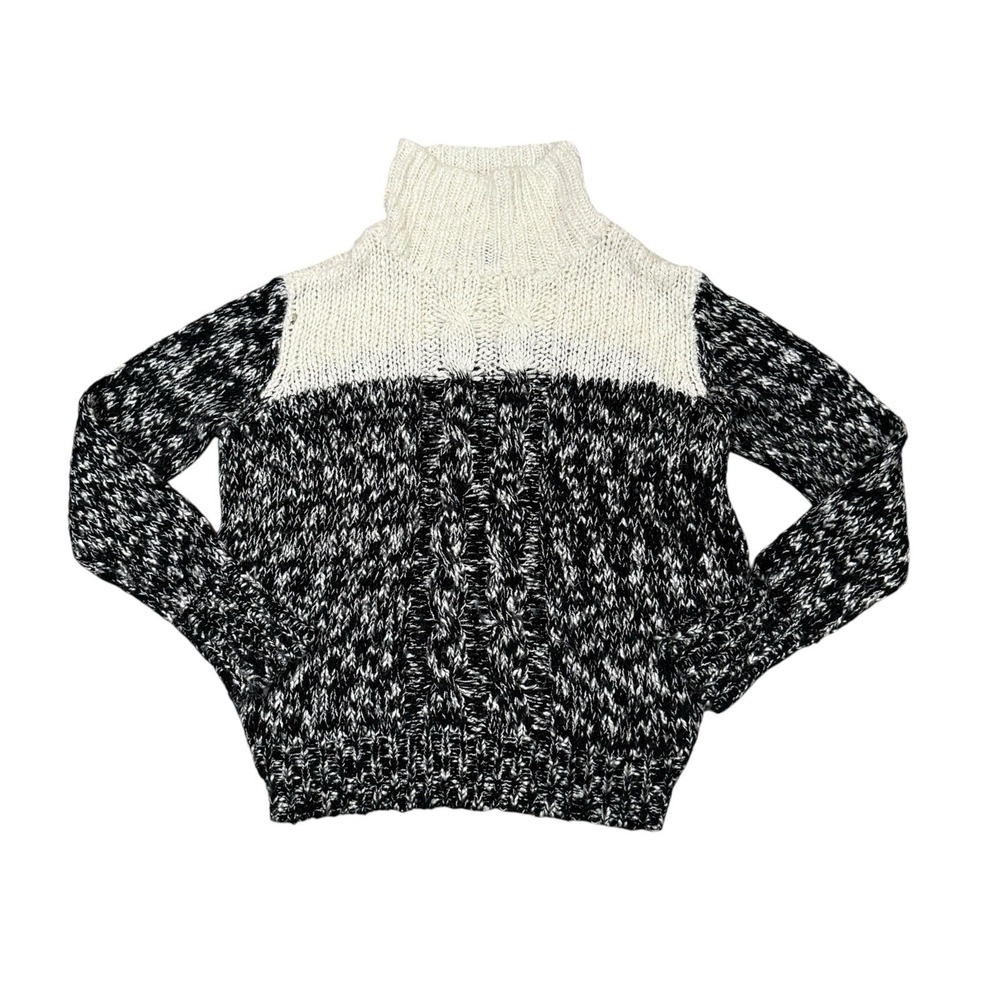 Margot Colorblock Chunky Knot Turtleneck Sweater Black /  Cream Sz Medium